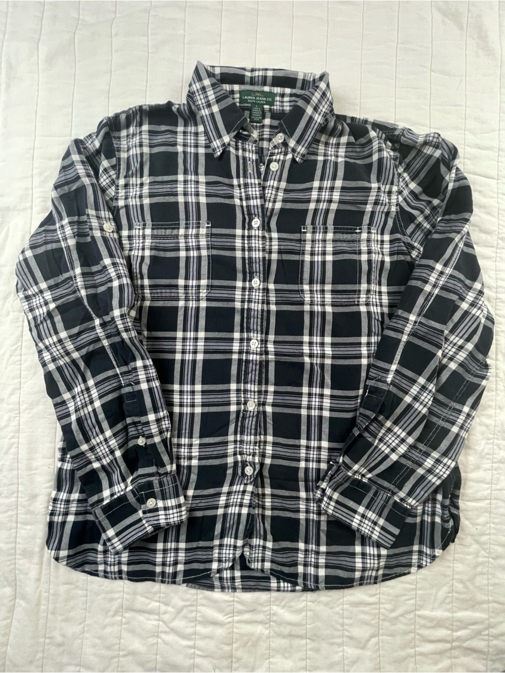 Lauren Ralph Lauren Black White Blue Plaid Cotton Button-Up Shirt Womens Large